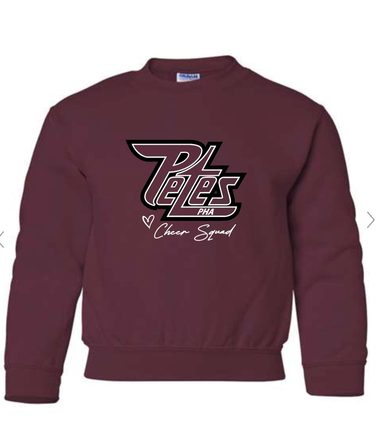 Maroon sweatshirt with 'DL Peles' logo and text on a white background