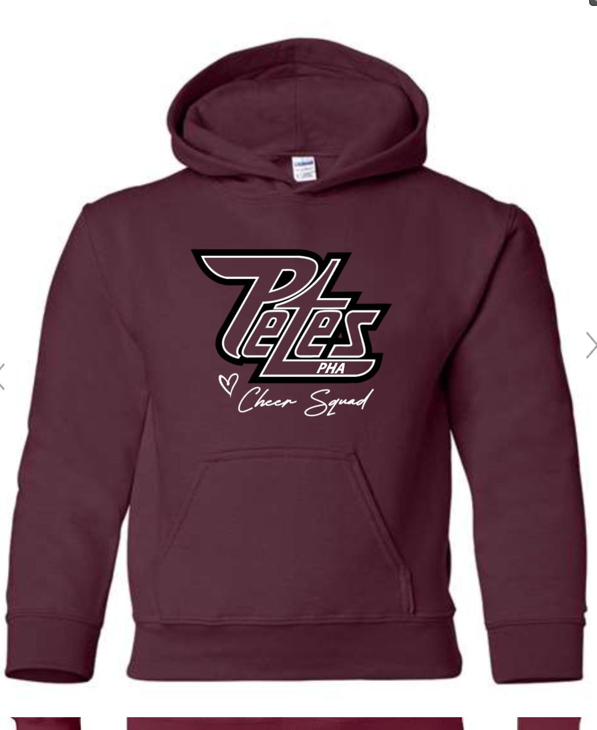 Maroon hoodie with 'Pete's Cheer Squad' logo on a white background